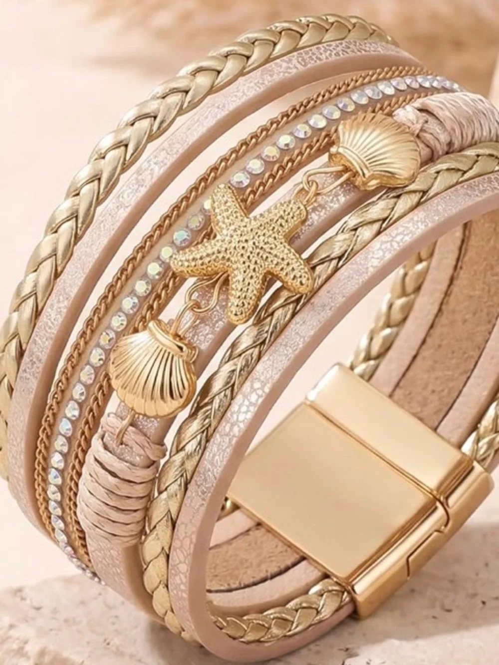 Anthropologie Gold and Blush Shell & Starfish Wrap Bracelet