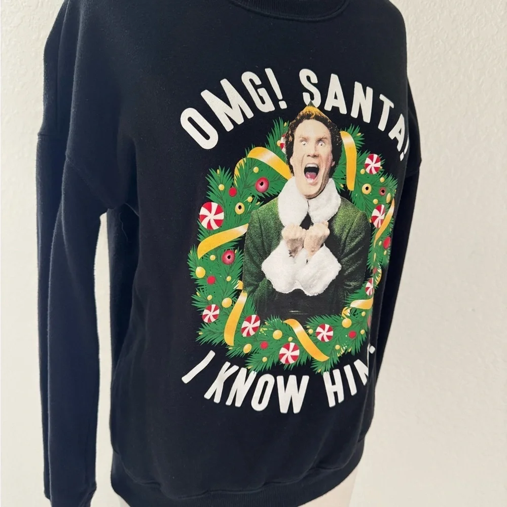 Elf OMG SANTA! Juniors Unisex Black Sweatshirt‎ Xmas Print XS EUC