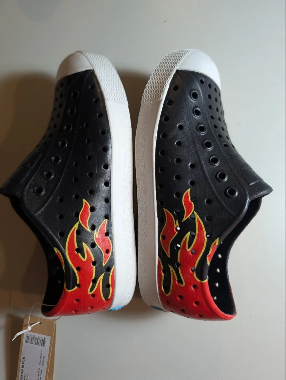 Native Jefferson Jr 1 Waterproof Slip-On Shoes in Black/Red With Flames NWT
