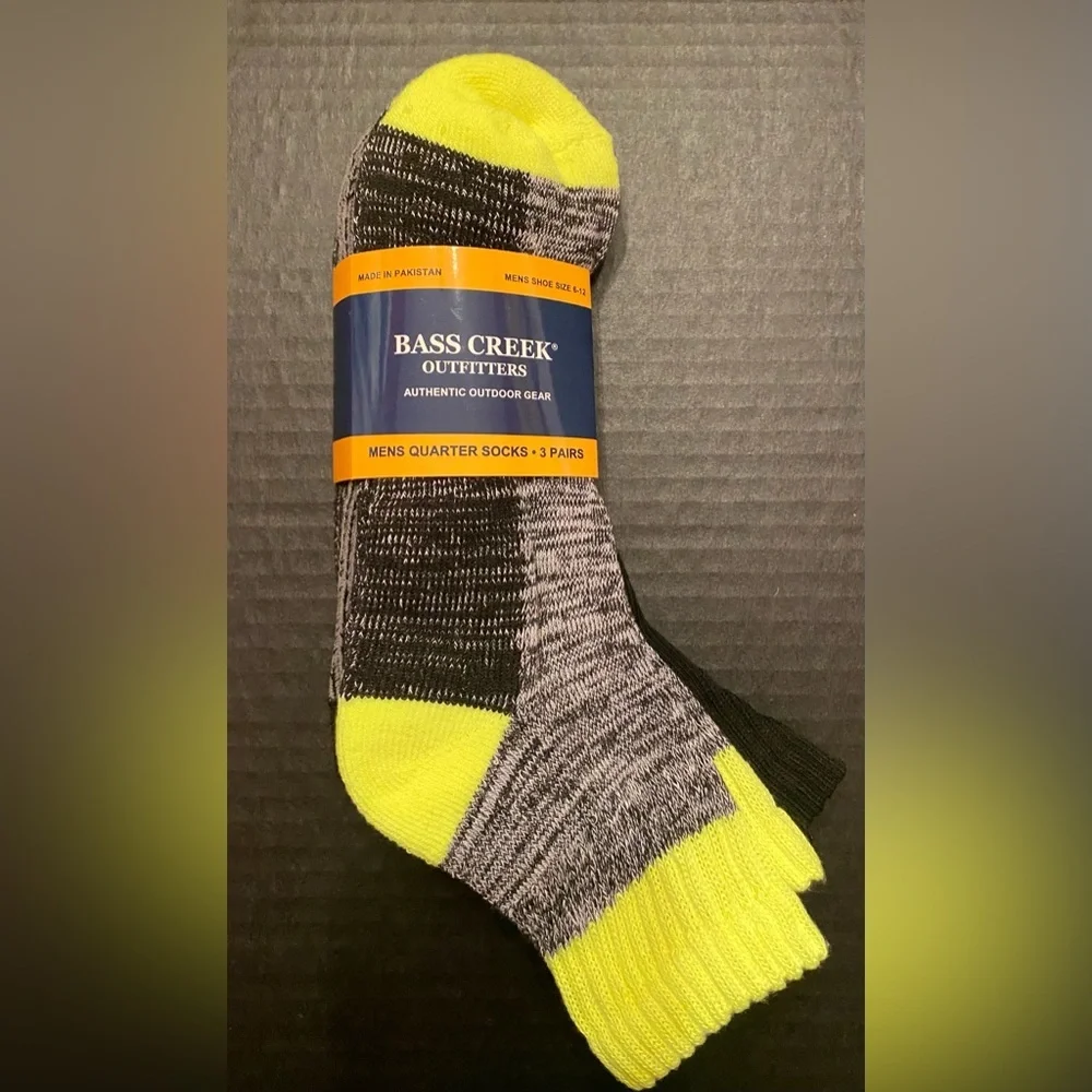 Bass Creek‎ Outfitters 3 Pair Quarter Socks Men’s 6-12 Yellow Black Gray