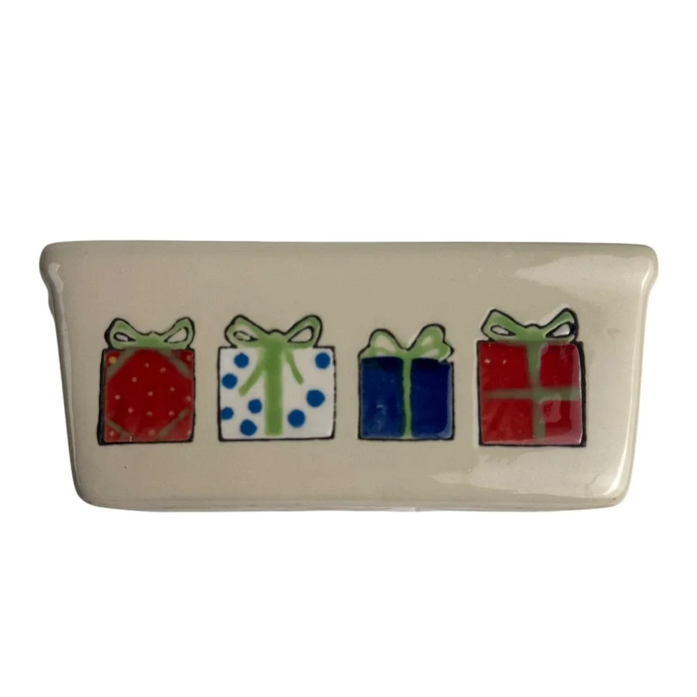 Ceramic Christmas Present Butter Dish‎ Candy Trinket Holder Holiday Decor E72Q