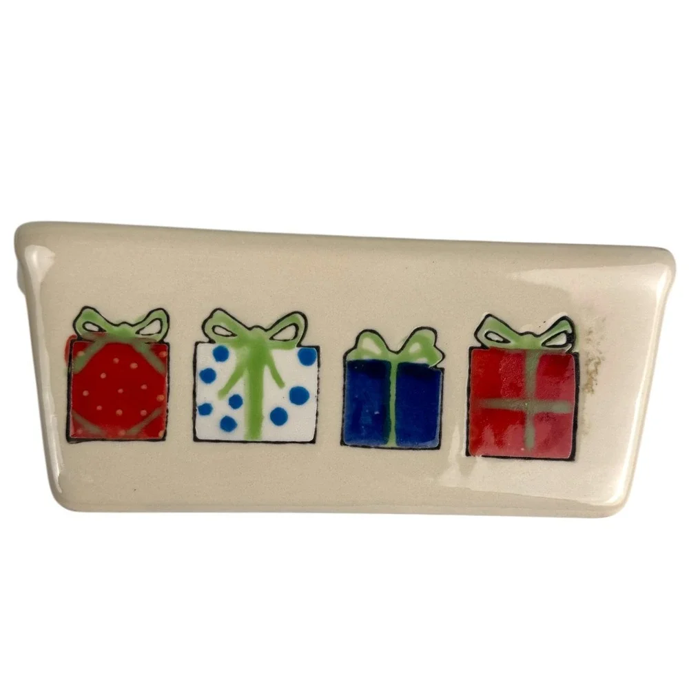Ceramic Christmas Present Butter Dish‎ Candy Trinket Holder Holiday Decor E72Q