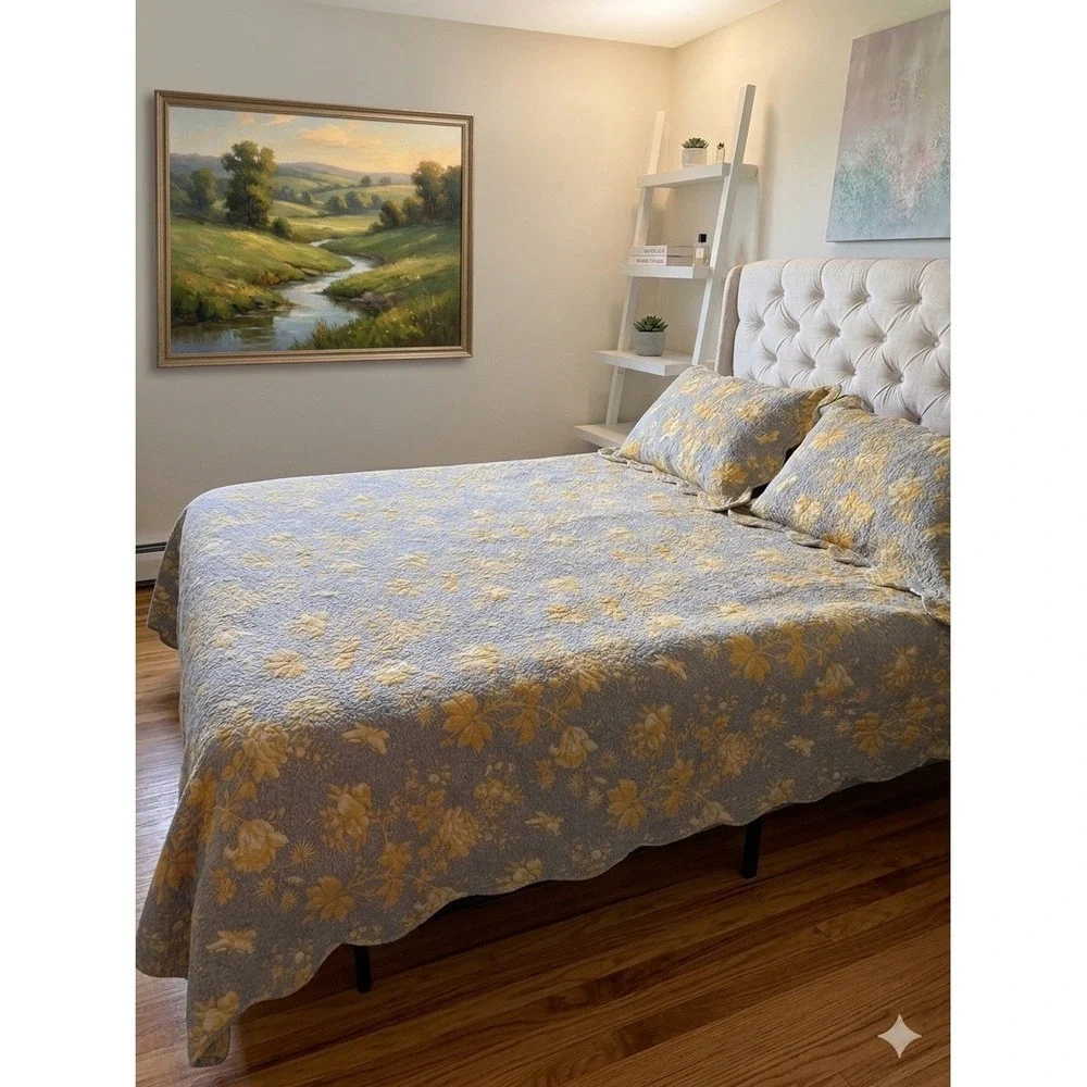 Soft Surroundings Yellow Blue Floral Scalloped Queen Quilt, Bedskirt & 2 Shams