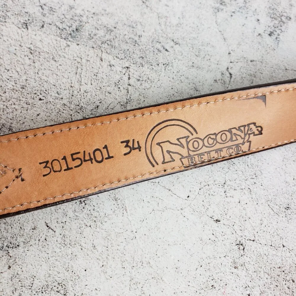 Vintage NOCONA Leather Belt Western Engraved Buckle Southwestern Boho Brown 34