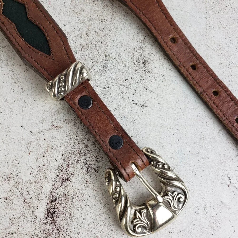Vintage NOCONA Leather Belt Western Engraved Buckle Southwestern Boho Brown 34
