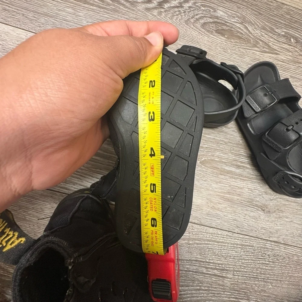 2  set of shoes for little kids. Birkenstock sandals and Dc martens boots