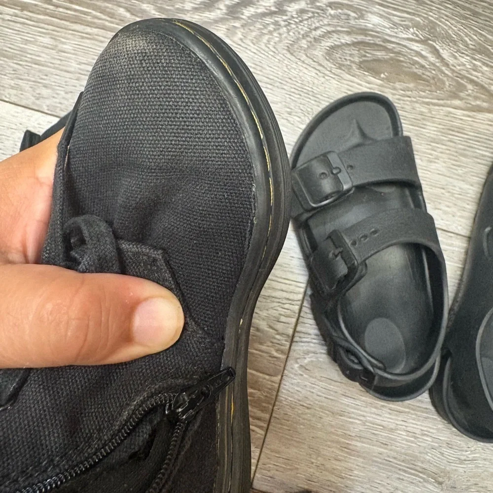 2  set of shoes for little kids. Birkenstock sandals and Dc martens boots