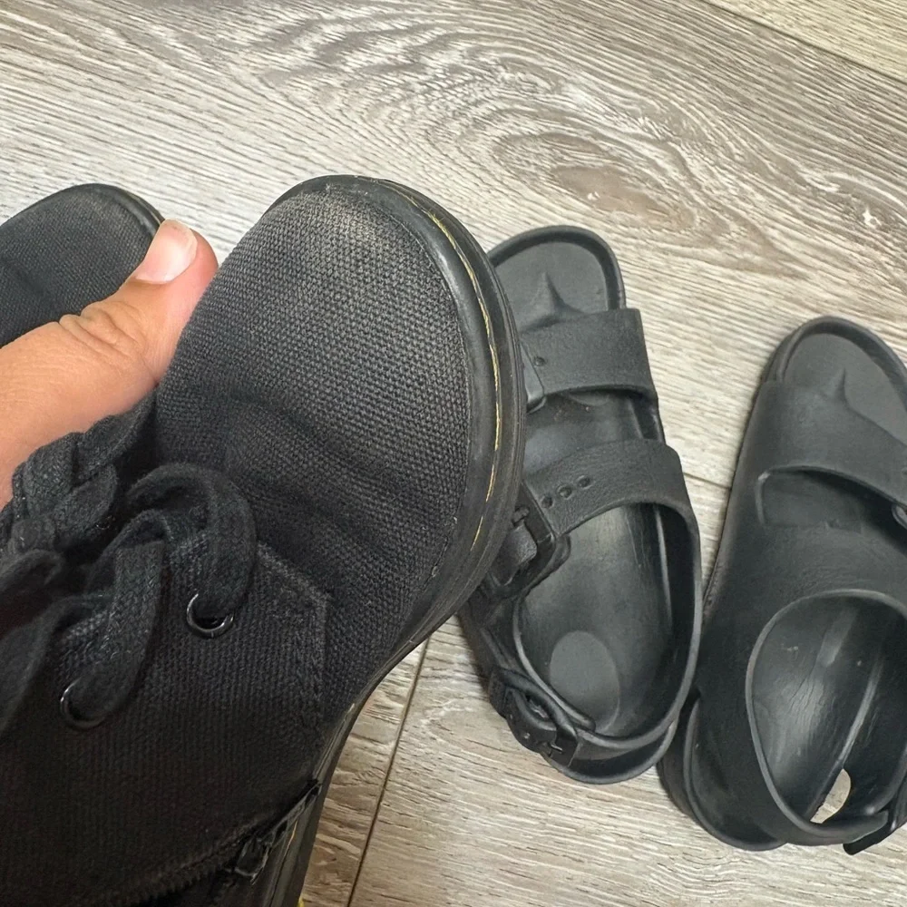 2  set of shoes for little kids. Birkenstock sandals and Dc martens boots