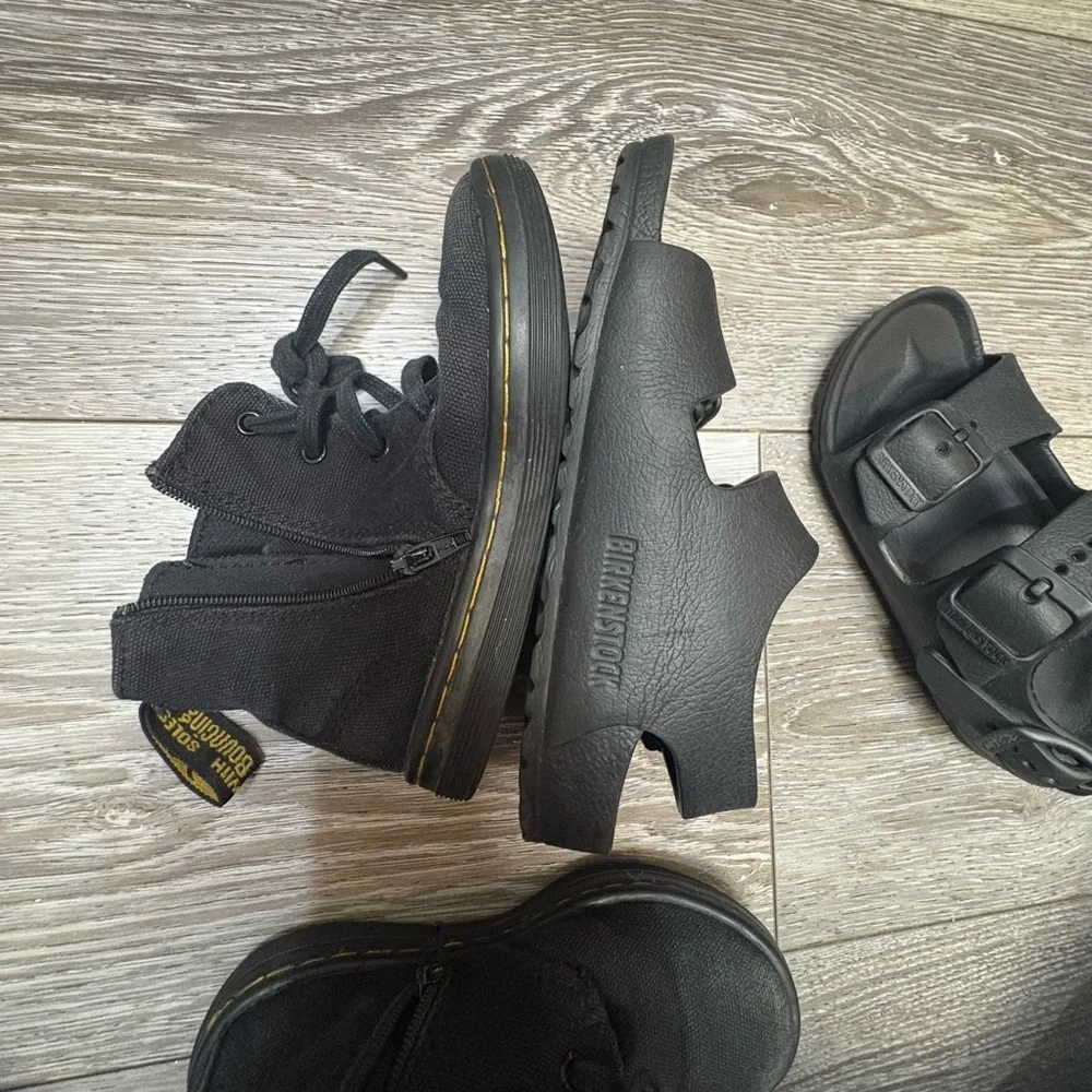 2  set of shoes for little kids. Birkenstock sandals and Dc martens boots