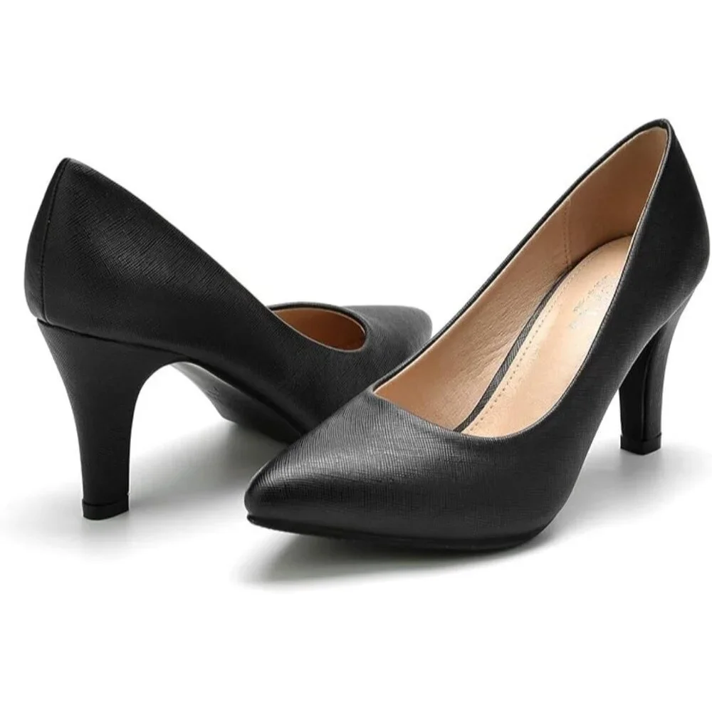 Women Black Pointed Toe Heels Pumps For Classic Faux Leather Comfortable Shoes