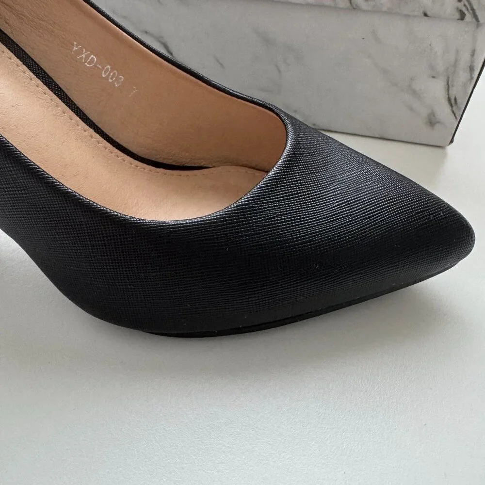 Women Black Pointed Toe Heels Pumps For Classic Faux Leather Comfortable Shoes
