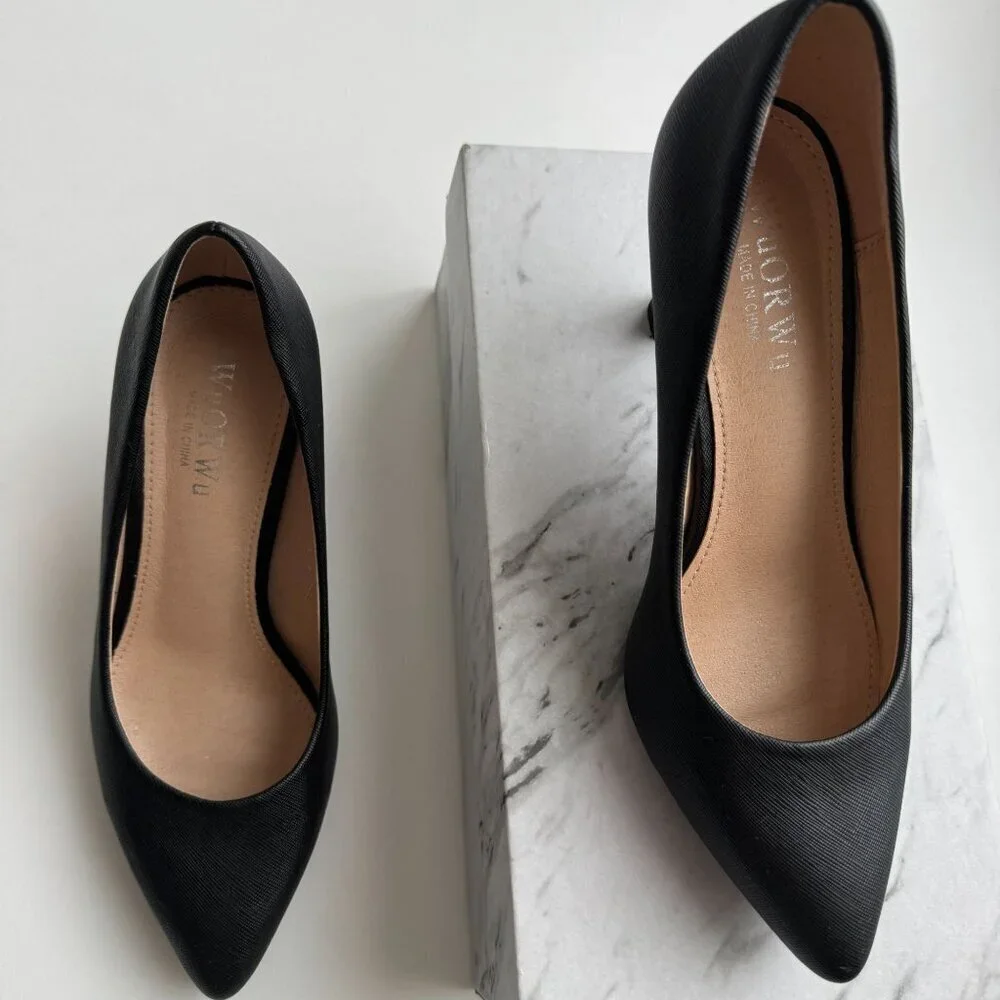 Women Black Pointed Toe Heels Pumps For Classic Faux Leather Comfortable Shoes