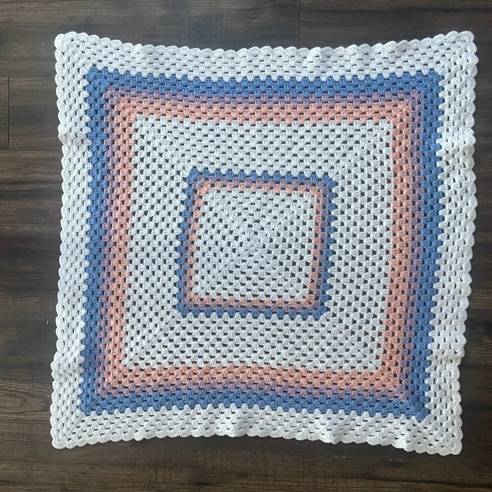 Handmade Crochet Granny Square Baby Blanket Cream Pink Blue Purple 34x36