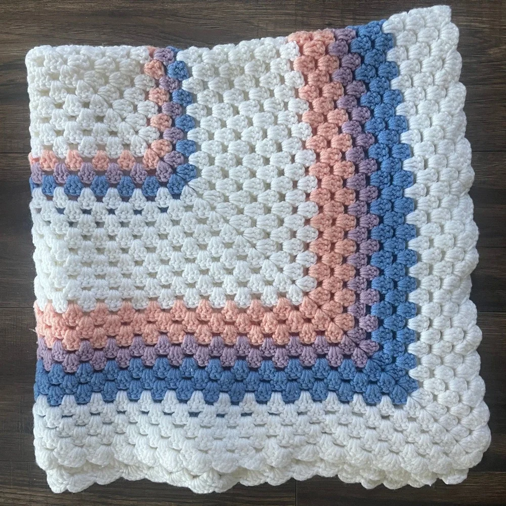 Handmade Crochet Granny Square Baby Blanket Cream Pink Blue Purple 34x36