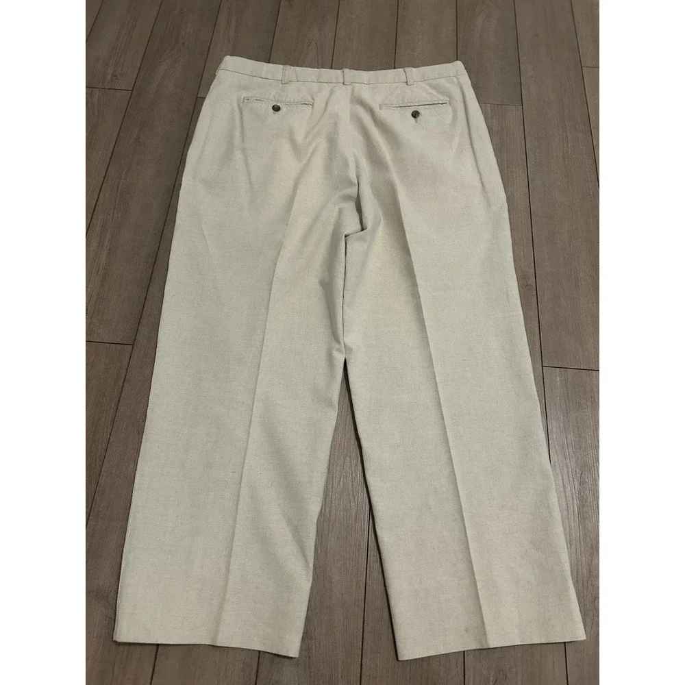 Van Heusen Men's Dress Pants 36x30 Beige Mid-Rise Pleated Cuffed Linen