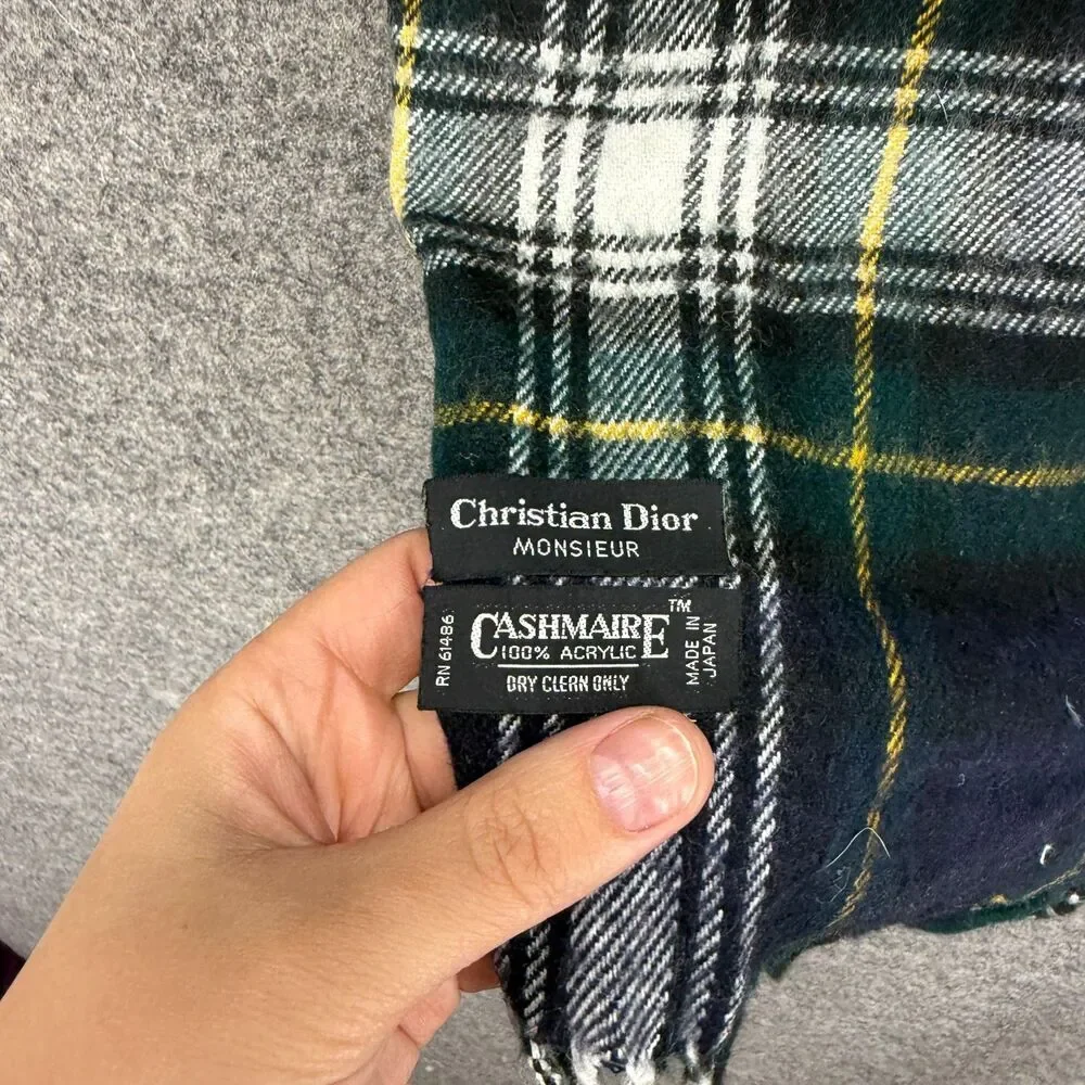 Christian Dior Scarf Men Black Plaid Fringe Rectangle Scarf Neck Warmer Acrylic