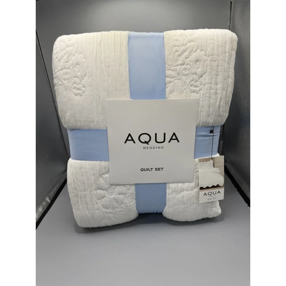 Aqua Bedding Floral Scalloped Reversible KING Quilt + 2 KING Shams Set White