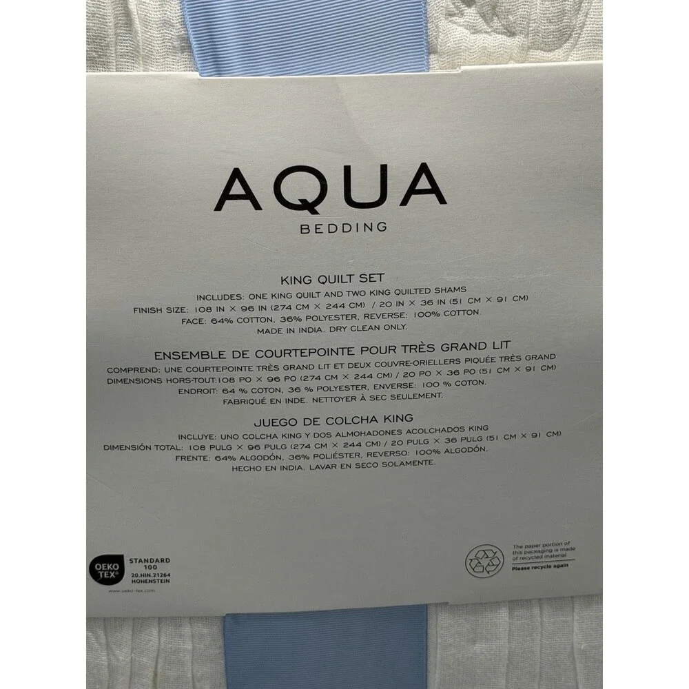 Aqua Bedding Floral Scalloped Reversible KING Quilt + 2 KING Shams Set White