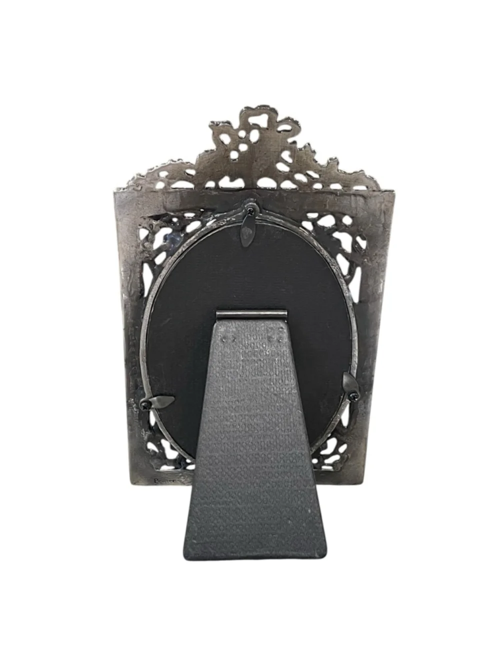 Vtg Pewter Picture Frame Ornate Filagree Floral Details Oval Inset Easel 3.5 x 5