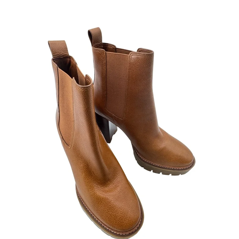 Tory Burch Booties Size 9M Brown Carson Leather Lug-Sole Chelsea Block Heel