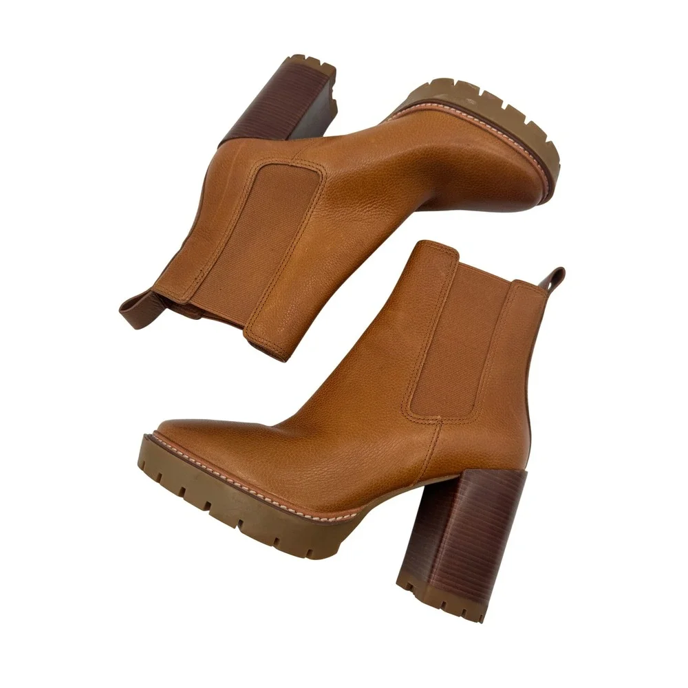Tory Burch Booties Size 9M Brown Carson Leather Lug-Sole Chelsea Block Heel