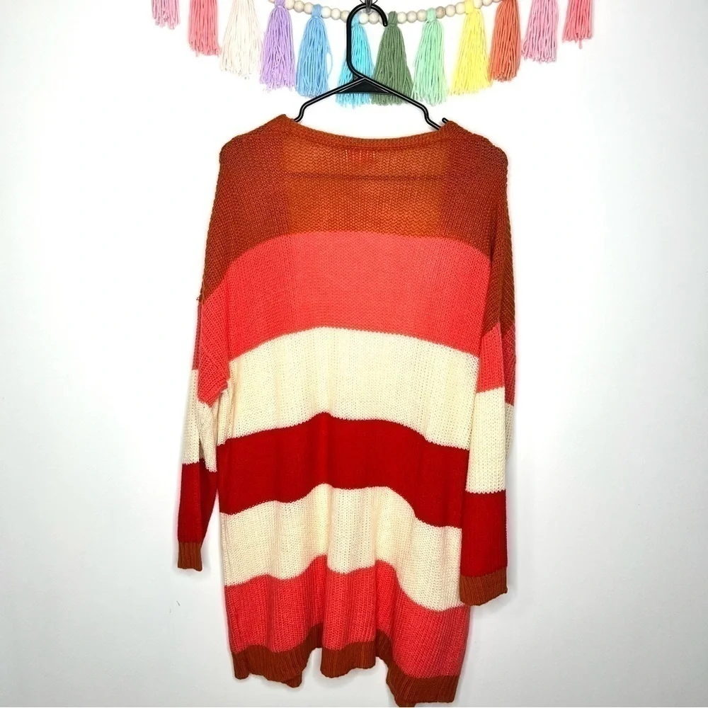 Pink Lily Boutique Colorblock Chunky Stripe Knitted Tunic Length Long Cardigan