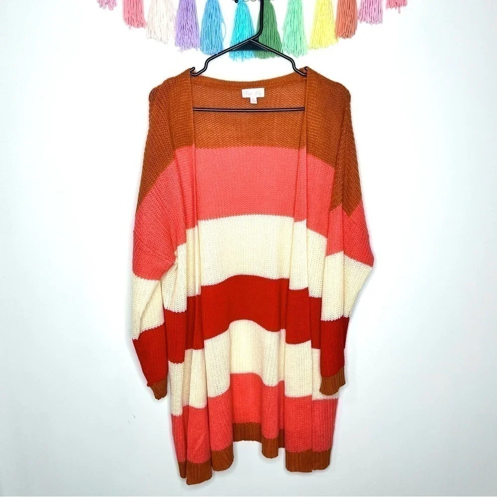Pink Lily Boutique Colorblock Chunky Stripe Knitted Tunic Length Long Cardigan
