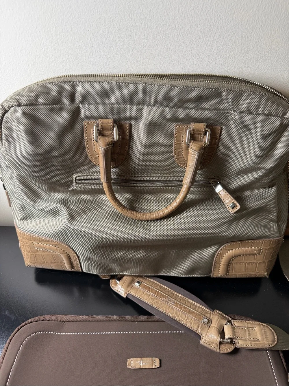 Tumi Tan & Taupe Laptop Bag Set with padded sleeve and accessory pouch.