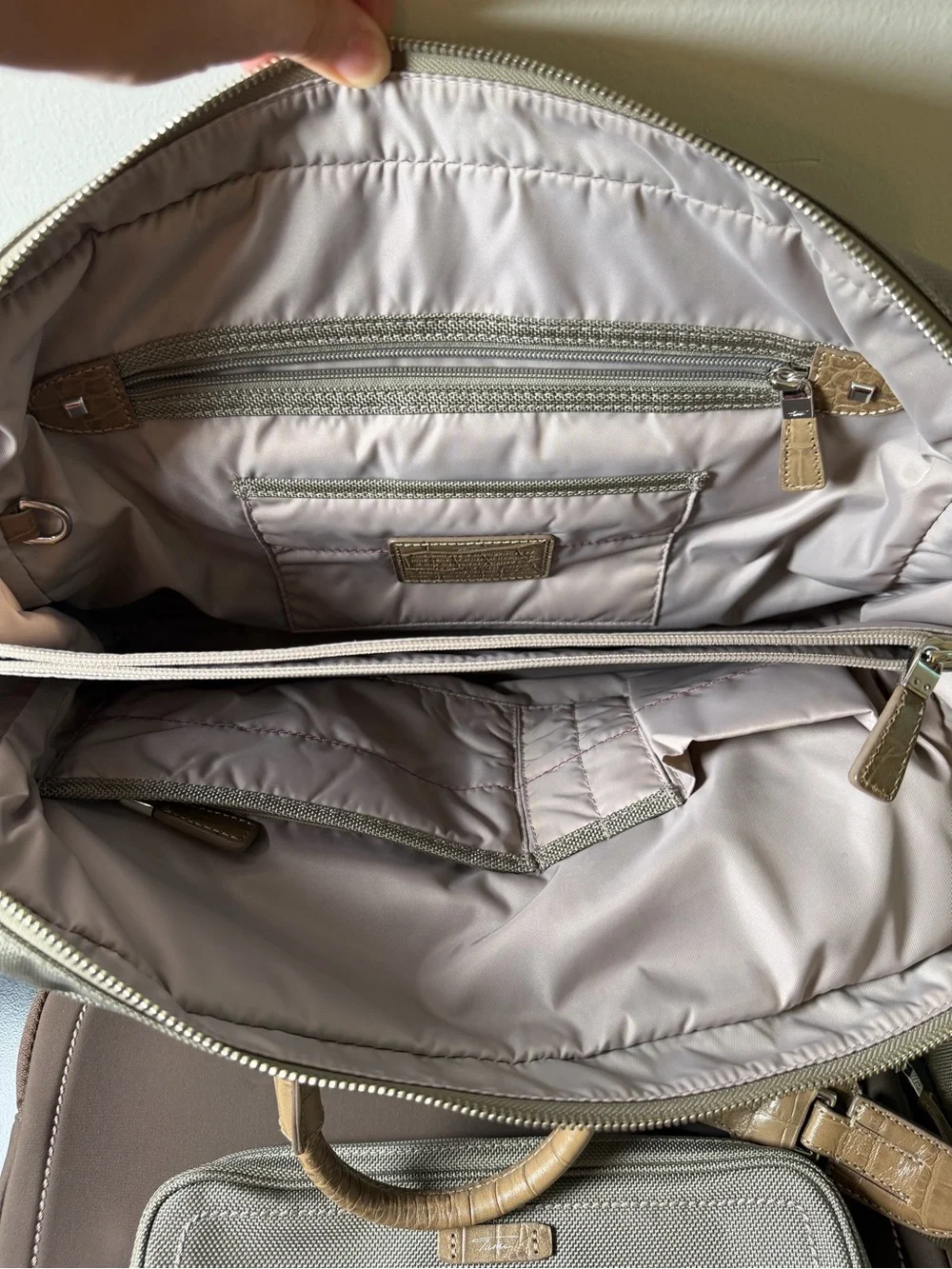 Tumi Tan & Taupe Laptop Bag Set with padded sleeve and accessory pouch.
