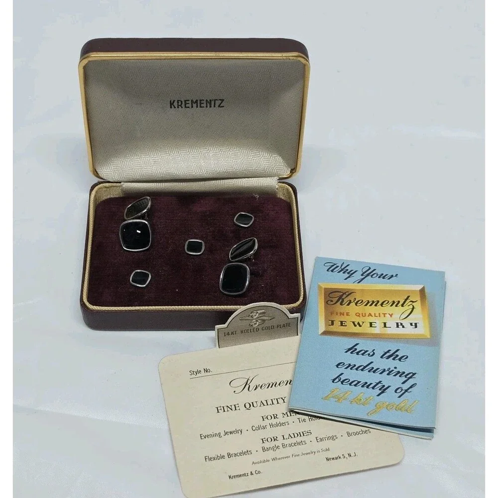 Vintage Krementz Art Deco Cufflink & Stud Set with Black Onyx In Original Case