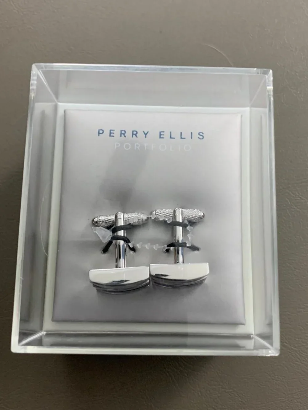 Perry Ellis Portfolio Men's Whale Back Black Gray Stripe Cufflinks
