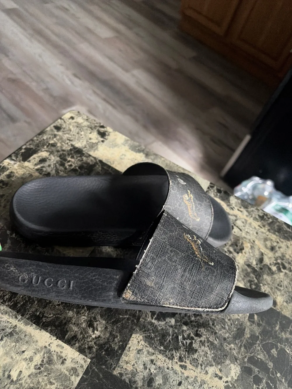 Gucci Black Slides with Gold Logo & Tiger