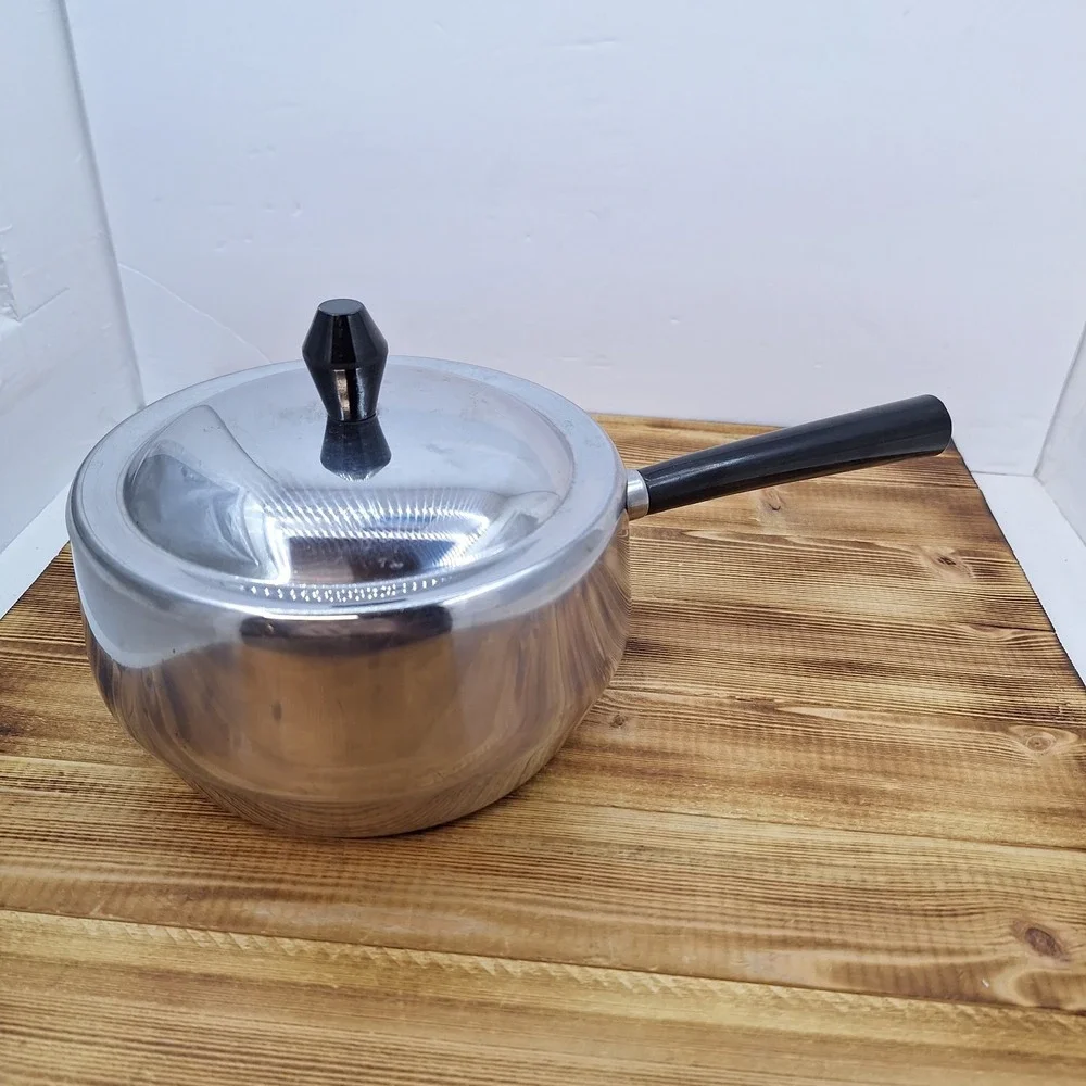 Vintage Japan Stainless Steel Fondue Pot‎ Black Handle w/lid