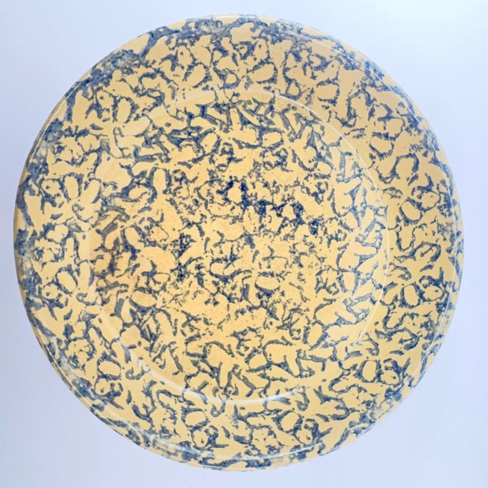 Roseville Pottery Spongeware Pie Plate Blue Tan Stoneware USA Farmhouse 9.5