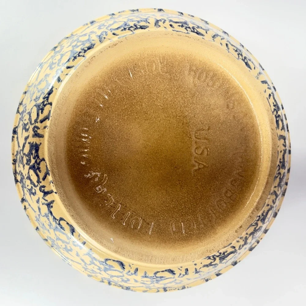 Roseville Pottery Spongeware Pie Plate Blue Tan Stoneware USA Farmhouse 9.5