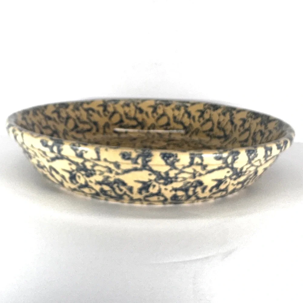 Roseville Pottery Spongeware Pie Plate Blue Tan Stoneware USA Farmhouse 9.5