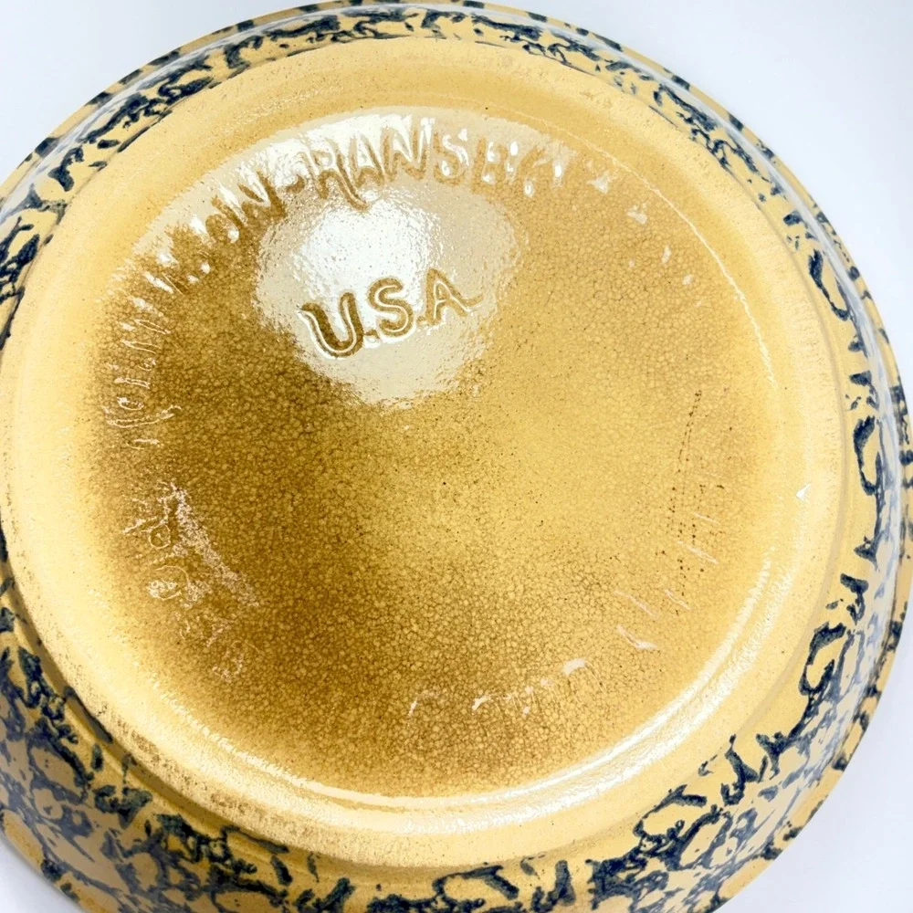 Roseville Pottery Spongeware Pie Plate Blue Tan Stoneware USA Farmhouse 9.5
