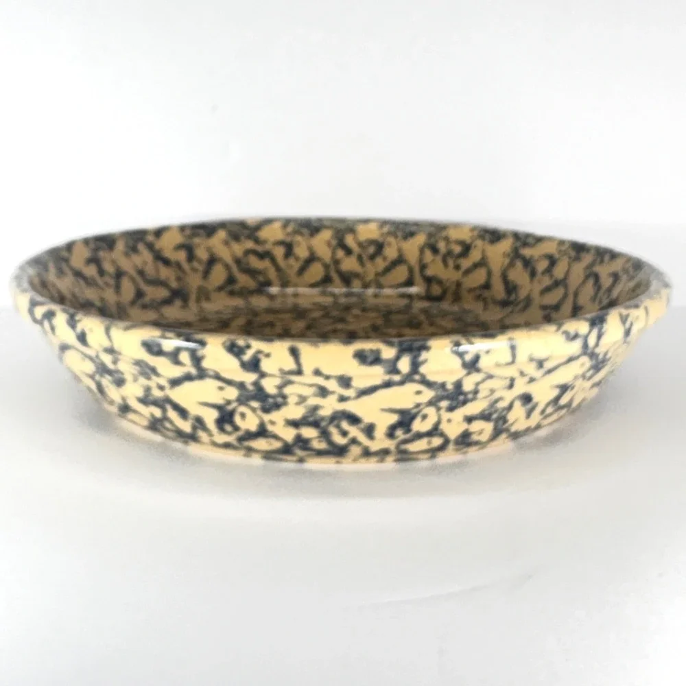 Roseville Pottery Spongeware Pie Plate Blue Tan Stoneware USA Farmhouse 9.5