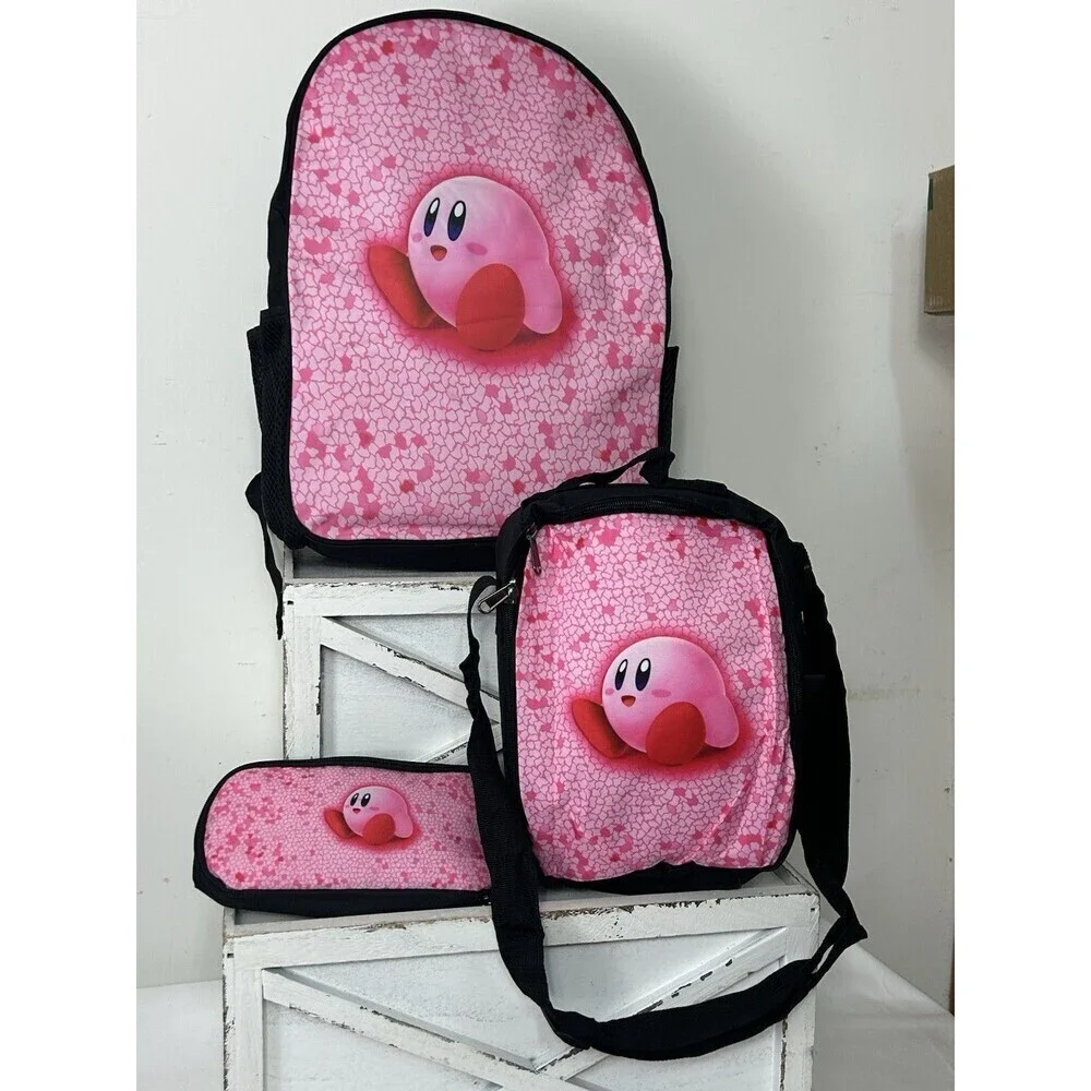 Kirby Cartoon Game Student School Backpack 3pc Set Insulated Lunch Bag Pen Bag