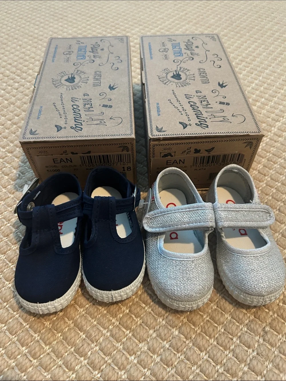 TWO NEW WITH TAGS Cienta baby girls shoes. Navy and silver - sz 18 (0-9 months).