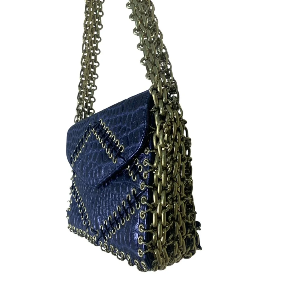 Tory Burch Shoulder Bag Womens Small Navy Croc Embossed Chainmail Gusset Runway