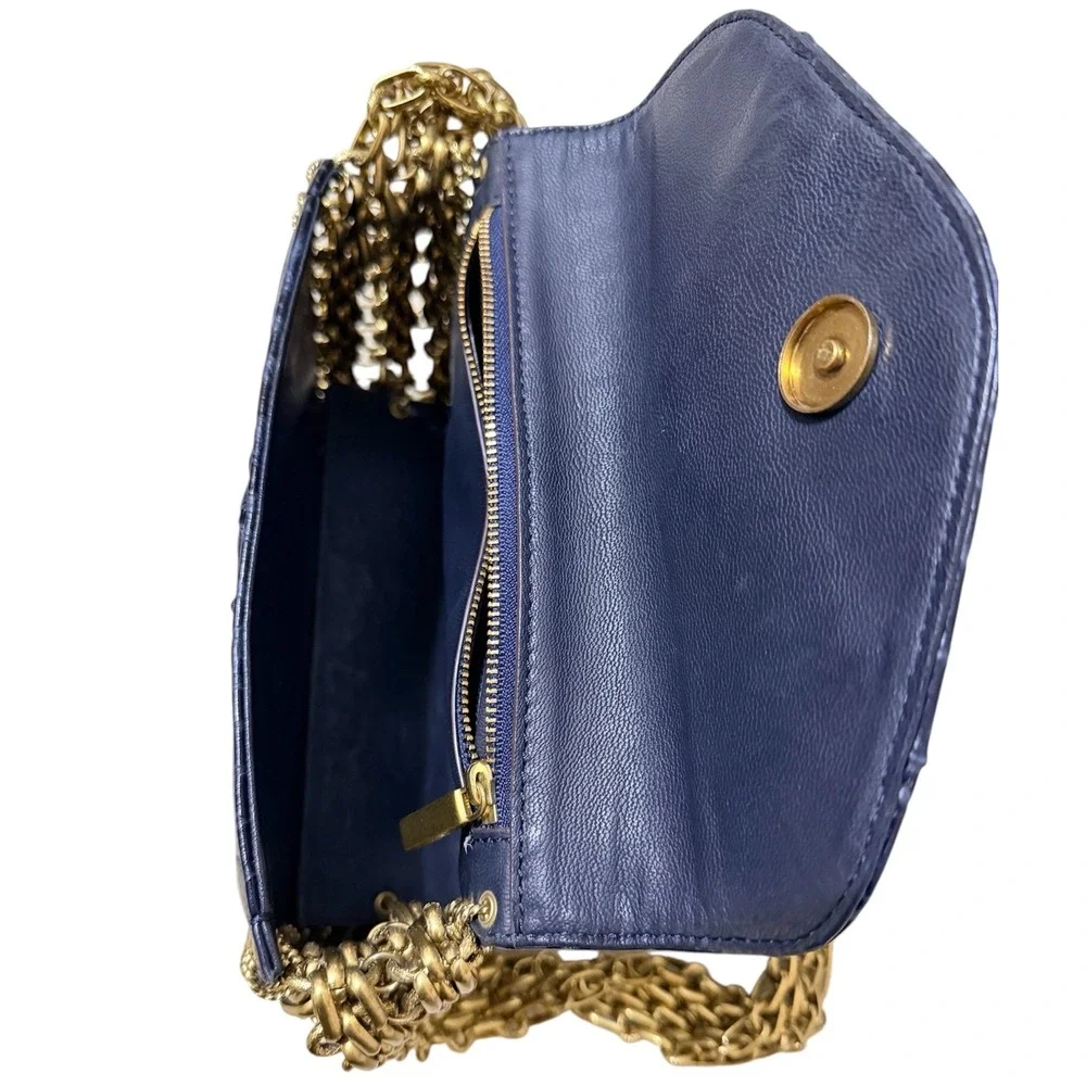 Tory Burch Shoulder Bag Womens Small Navy Croc Embossed Chainmail Gusset Runway