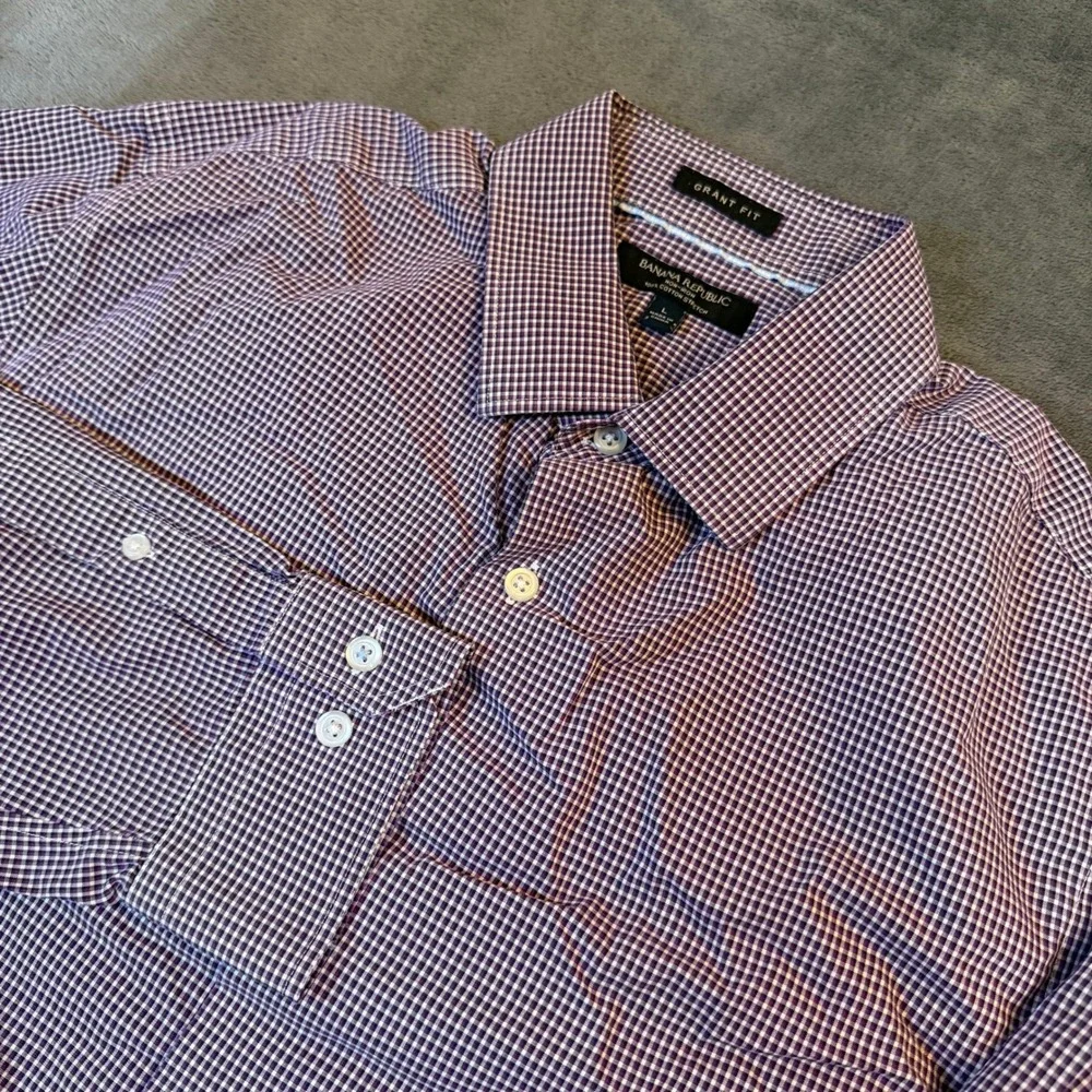 Banana Republic Grant Fit Button Up Shirt Mens Large Purple Gingham Stretch