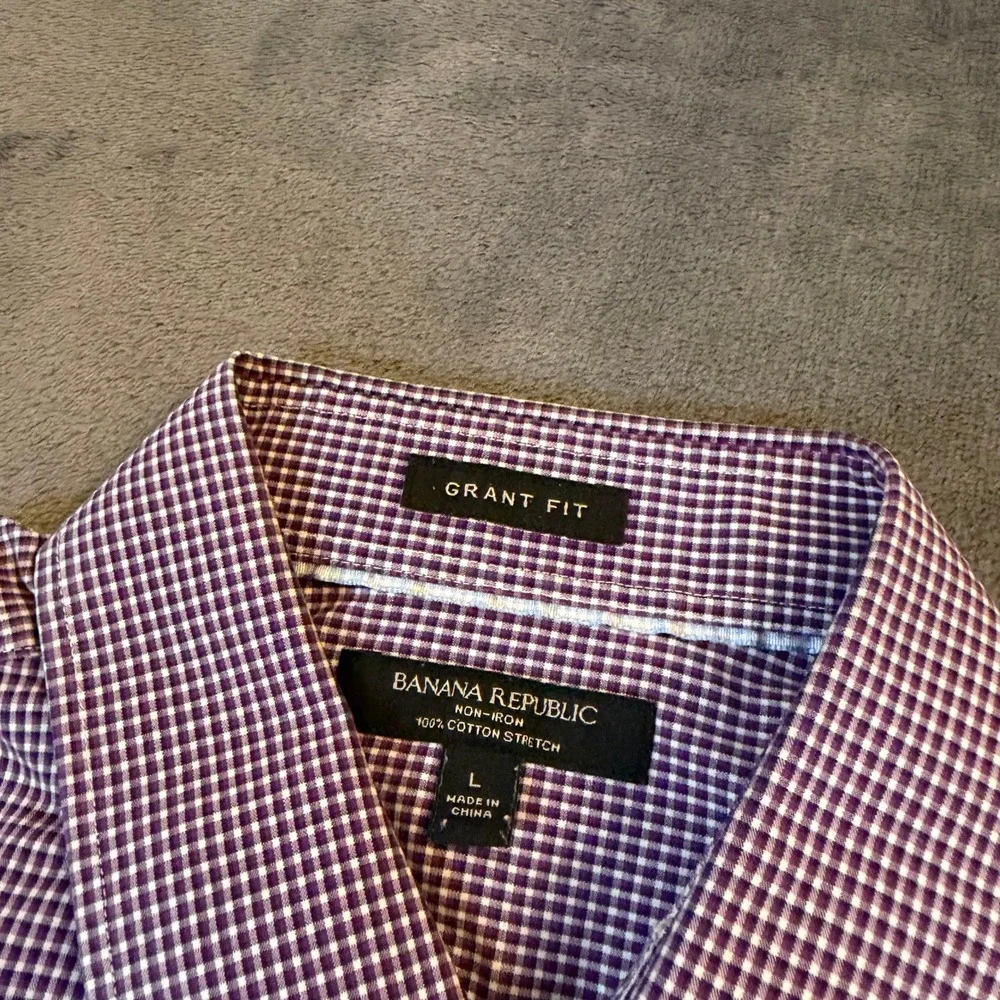 Banana Republic Grant Fit Button Up Shirt Mens Large Purple Gingham Stretch