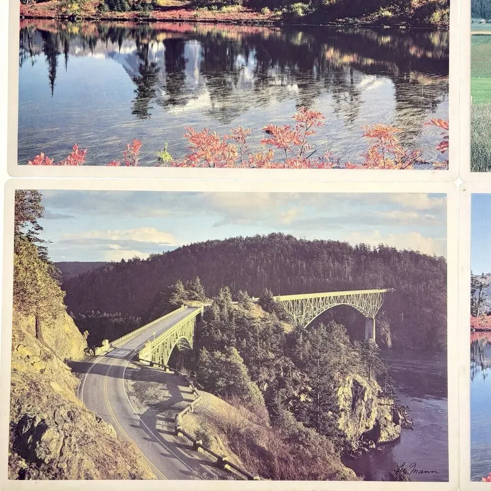 Vintage Laminated Set Of 4 Color Placemats PNW Washington Landmarks Photography