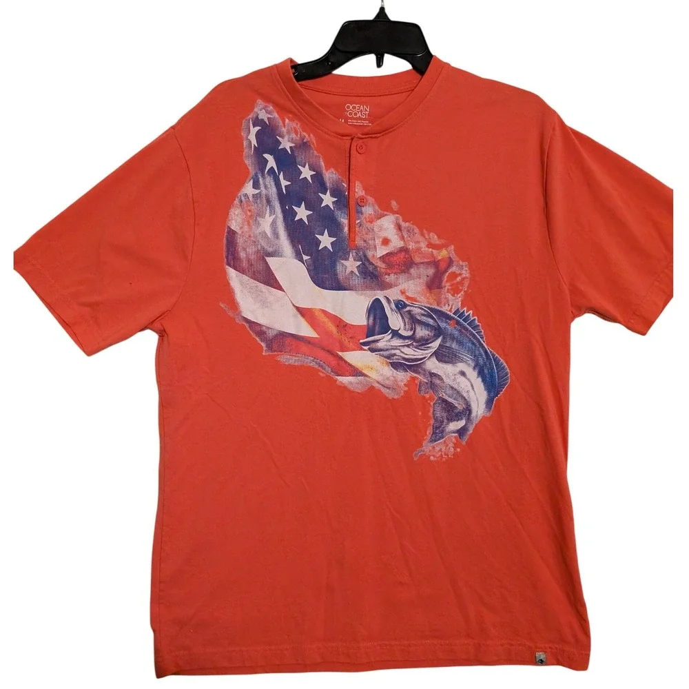 Ocean Coast Mens‎ Graphic T-Shirt American Flag Bass Fishing Red Medium