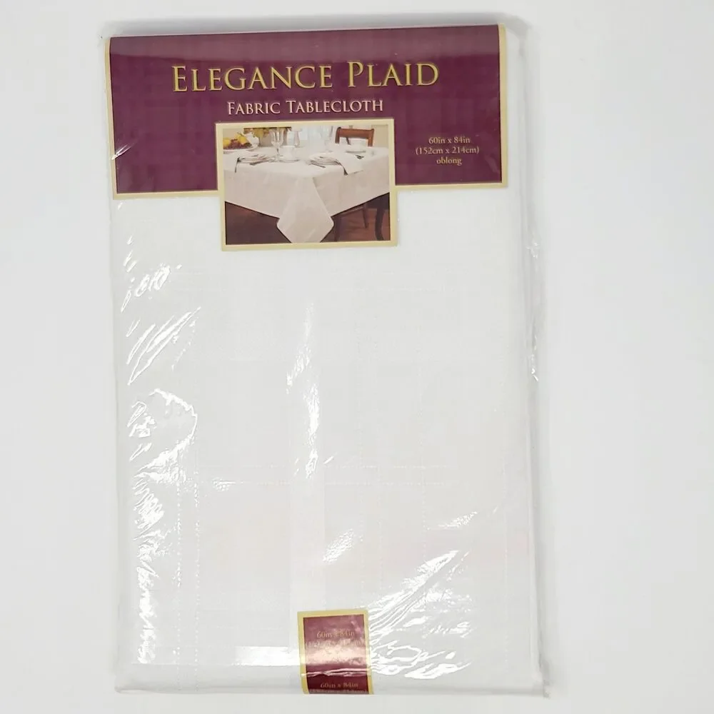 NEW White Damask Tablecloth 60x84 Oblong Plaid Pattern OPEN Package