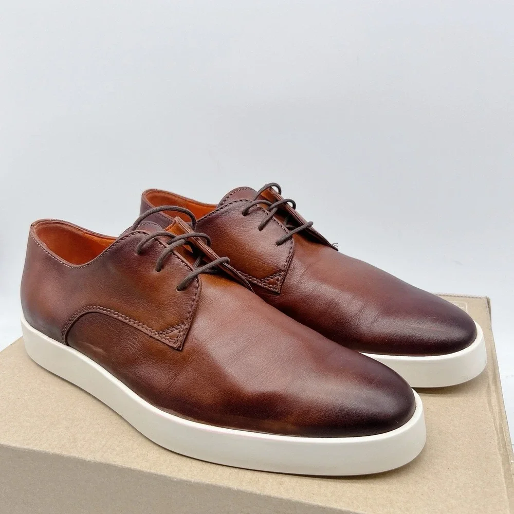 Santoni Atlantis Lace Up Plain Toe Dress Sneakers Shoes Dark Brown Leather US 8