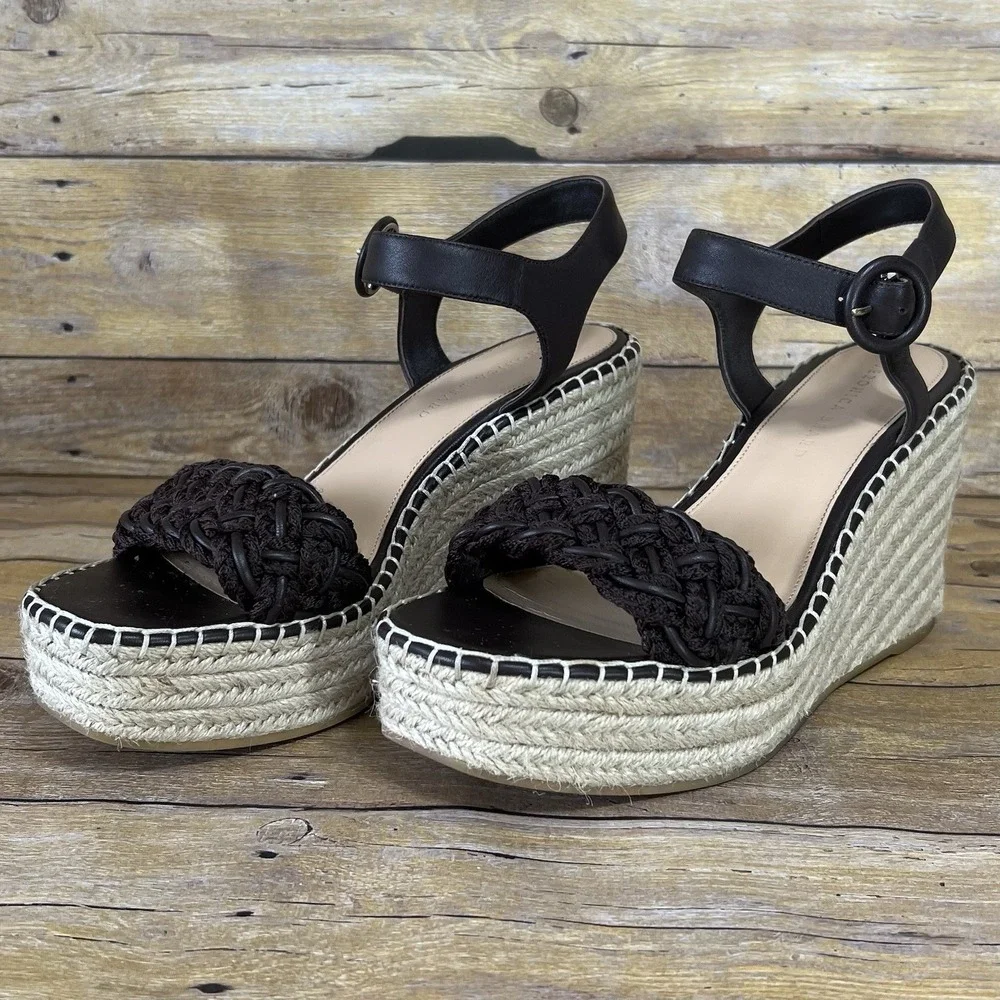 Veronica Beard Black Braided Espadrille Wedge  Leather Ankle‎ Strap Size 10