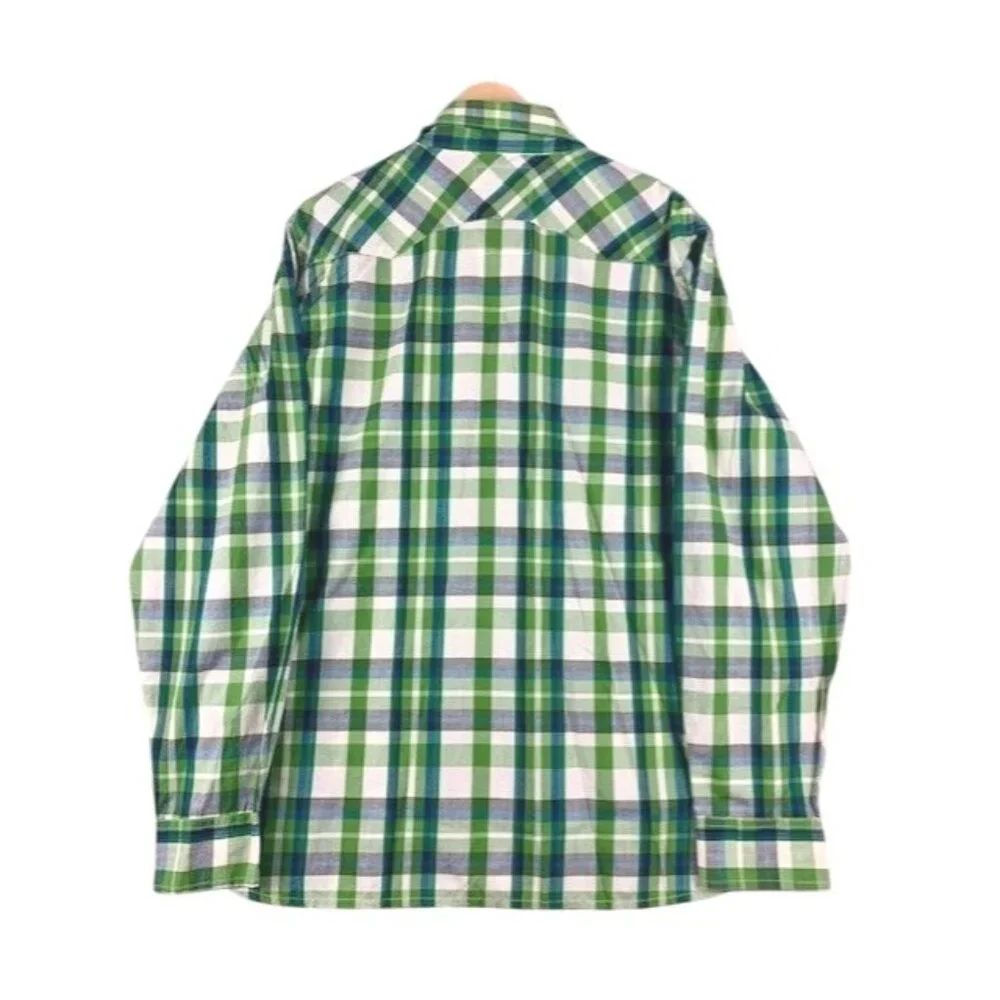 Levis Men's X-Large Plaid Button-Up Western Shirt Green‎ & Blue with Pearl Snaps